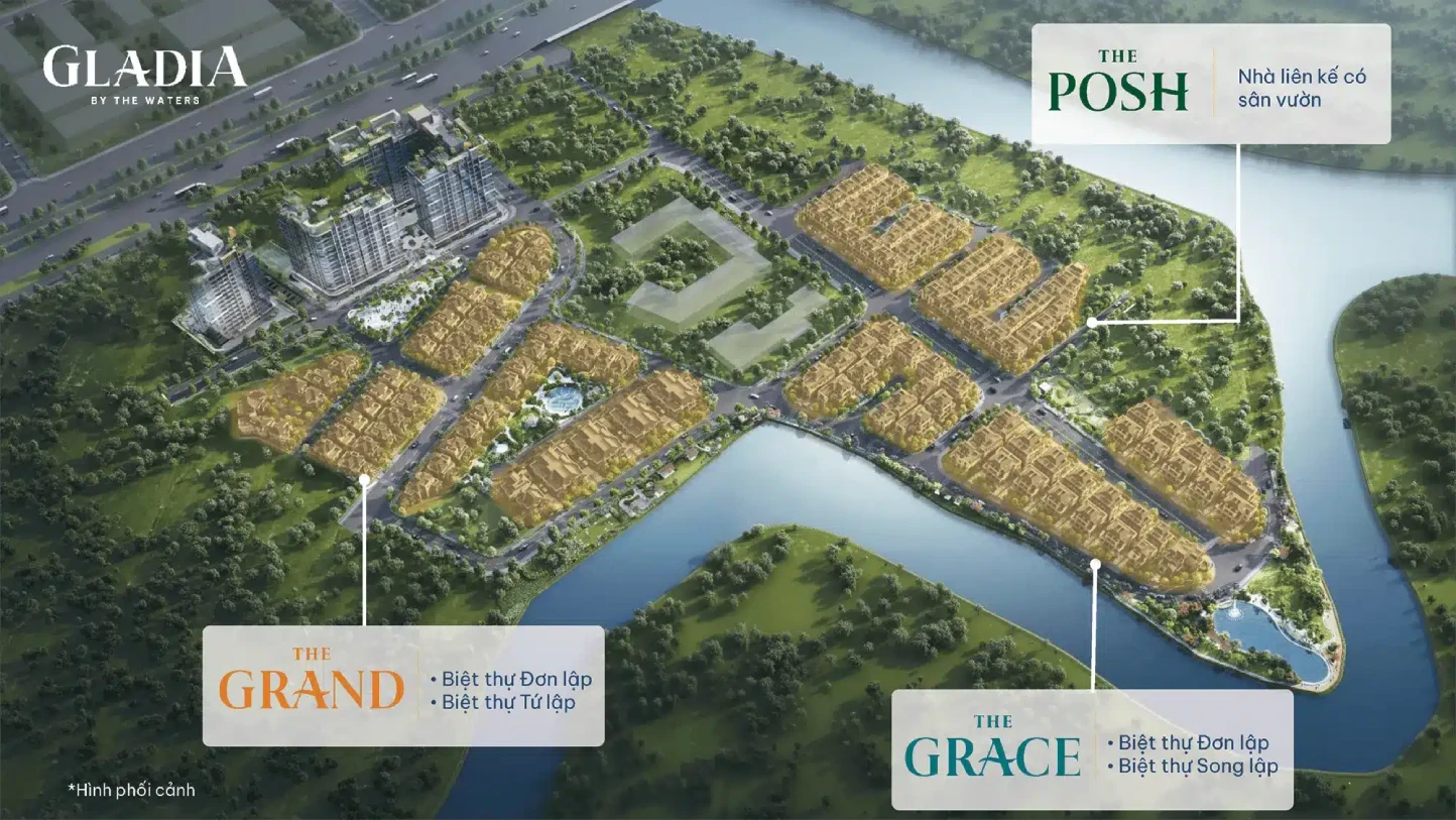 Mặt bằng chi tiết dự án Gladia với 226 sản phẩm đa dạng, 5 công viên chủ đề và hệ thống tiện ích hoàn chỉnh
